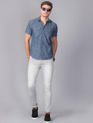 blue solid denim casual shirt - 17339898 - Standard Image - 4