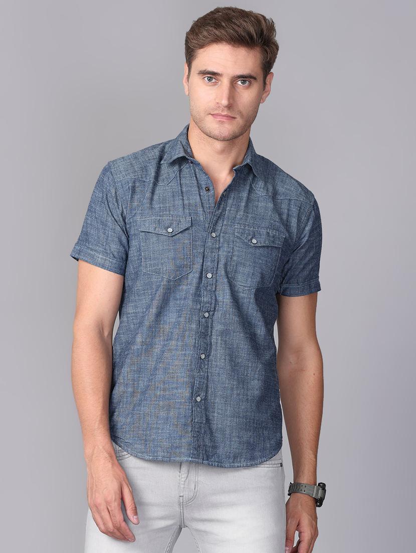 blue solid denim casual shirt - 17339898 - Zoom Image - 1