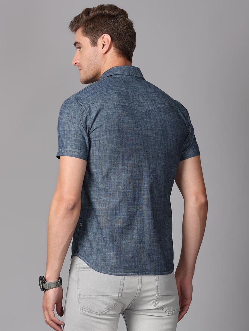 blue solid denim casual shirt - 17339898 - Zoom Image - 3