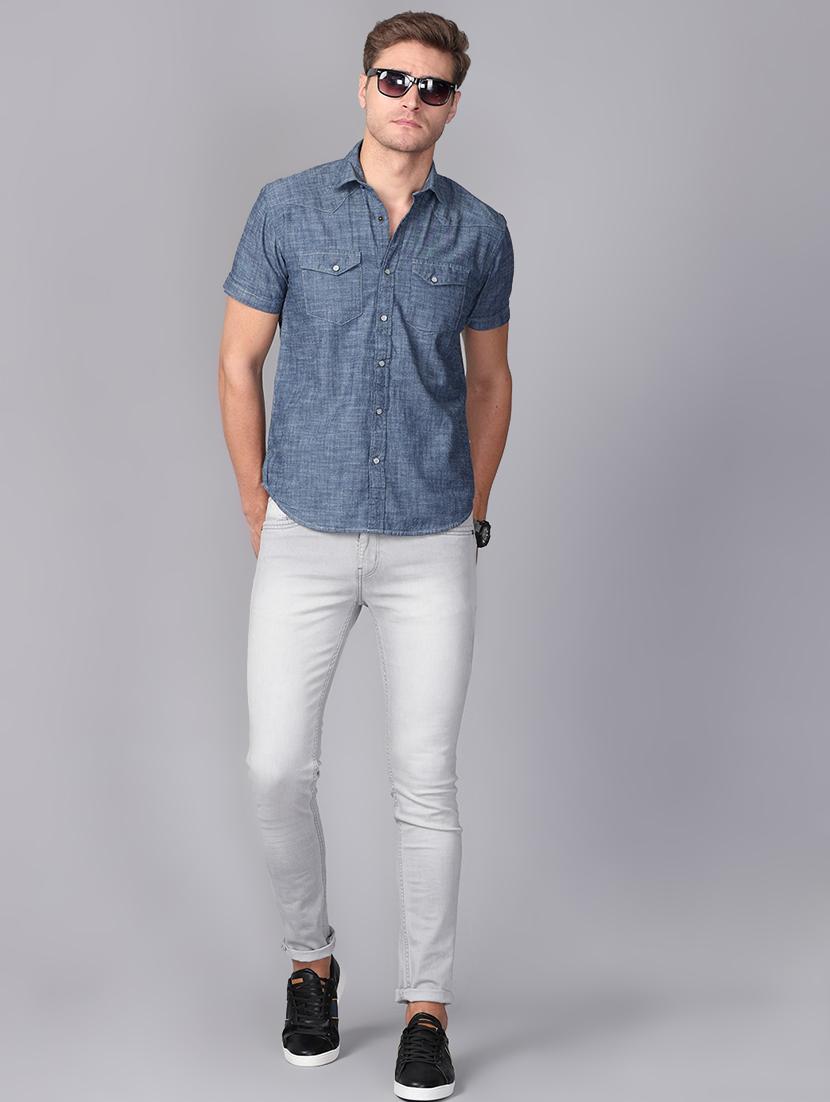 blue solid denim casual shirt - 17339898 - Zoom Image - 4
