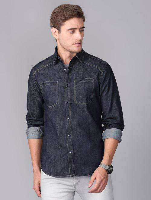 black solid denim casual shirt - 17339951 - Standard Image - 1