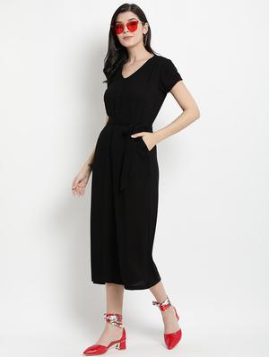 tie front solid full leg jumpsuit - 17342892 - Standard Image - 4