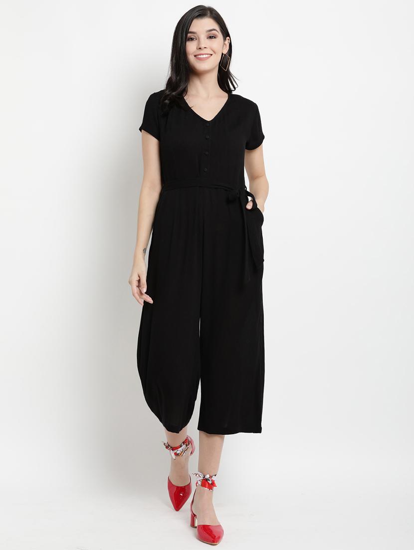tie front solid full leg jumpsuit - 17342892 - Zoom Image - 1