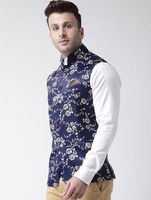 navy blue floral print nehru jacket - 17343620 - Standard Image - 3