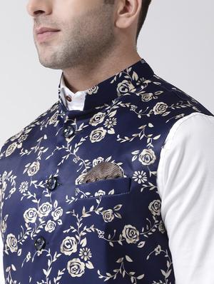 navy blue floral print nehru jacket - 17343620 - Standard Image - 6
