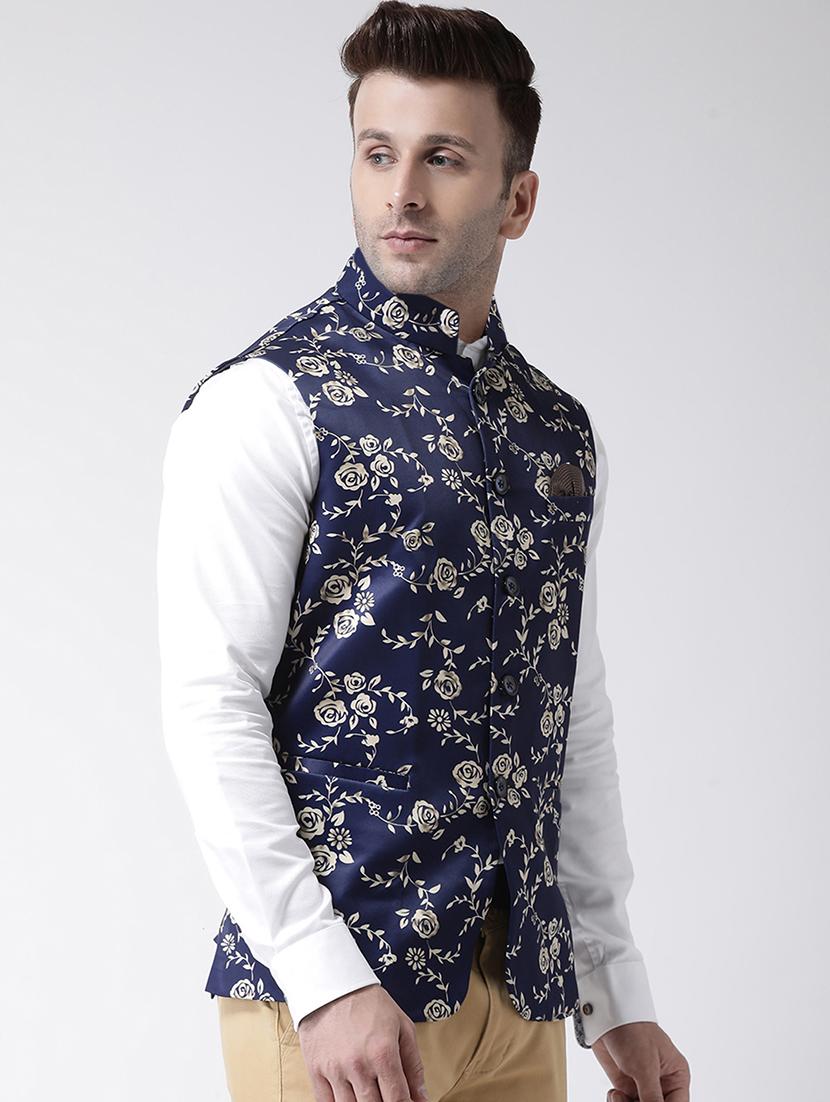 navy blue floral print nehru jacket - 17343620 - Zoom Image - 2