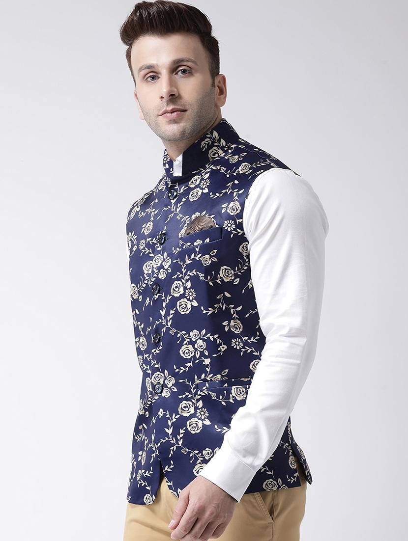 navy blue floral print nehru jacket - 17343620 - Zoom Image - 3