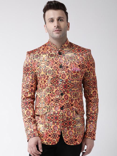 yellow printed bandhgala casual blazer - 17343723 - Standard Image - 1