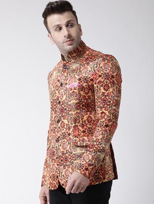 yellow printed bandhgala casual blazer - 17343723 - Standard Image - 3