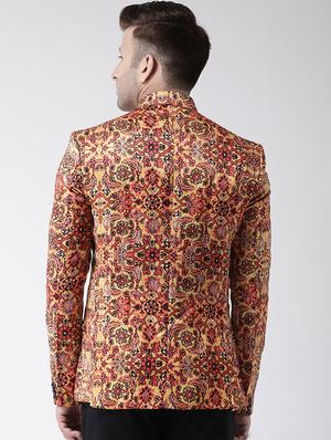 yellow printed bandhgala casual blazer - 17343723 - Standard Image - 4