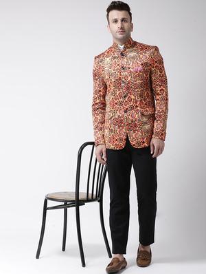yellow printed bandhgala casual blazer - 17343723 - Standard Image - 5