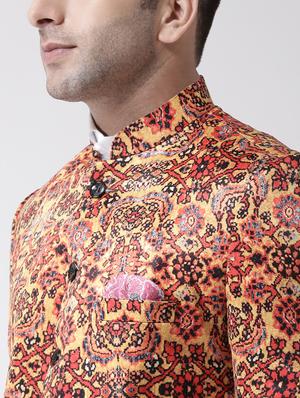 yellow printed bandhgala casual blazer - 17343723 - Standard Image - 6