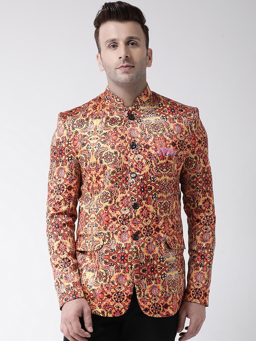 yellow printed bandhgala casual blazer - 17343723 - Zoom Image - 1