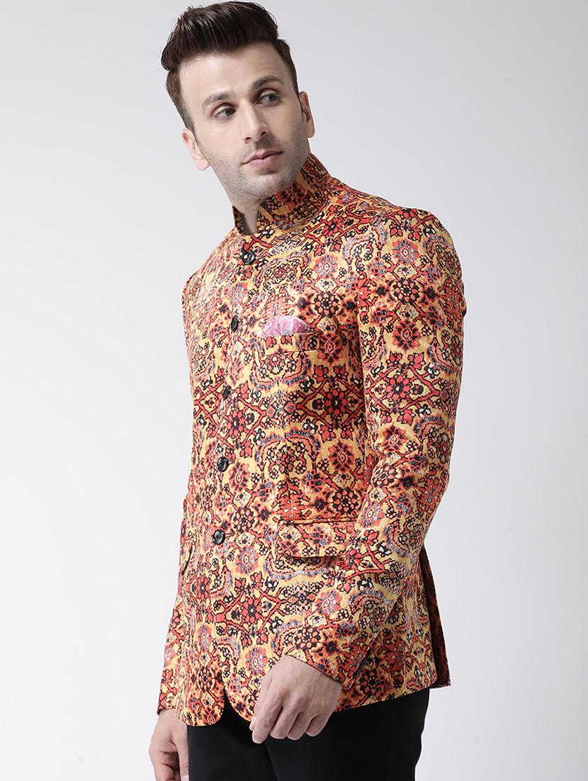 yellow printed bandhgala casual blazer - 17343723 - Zoom Image - 3