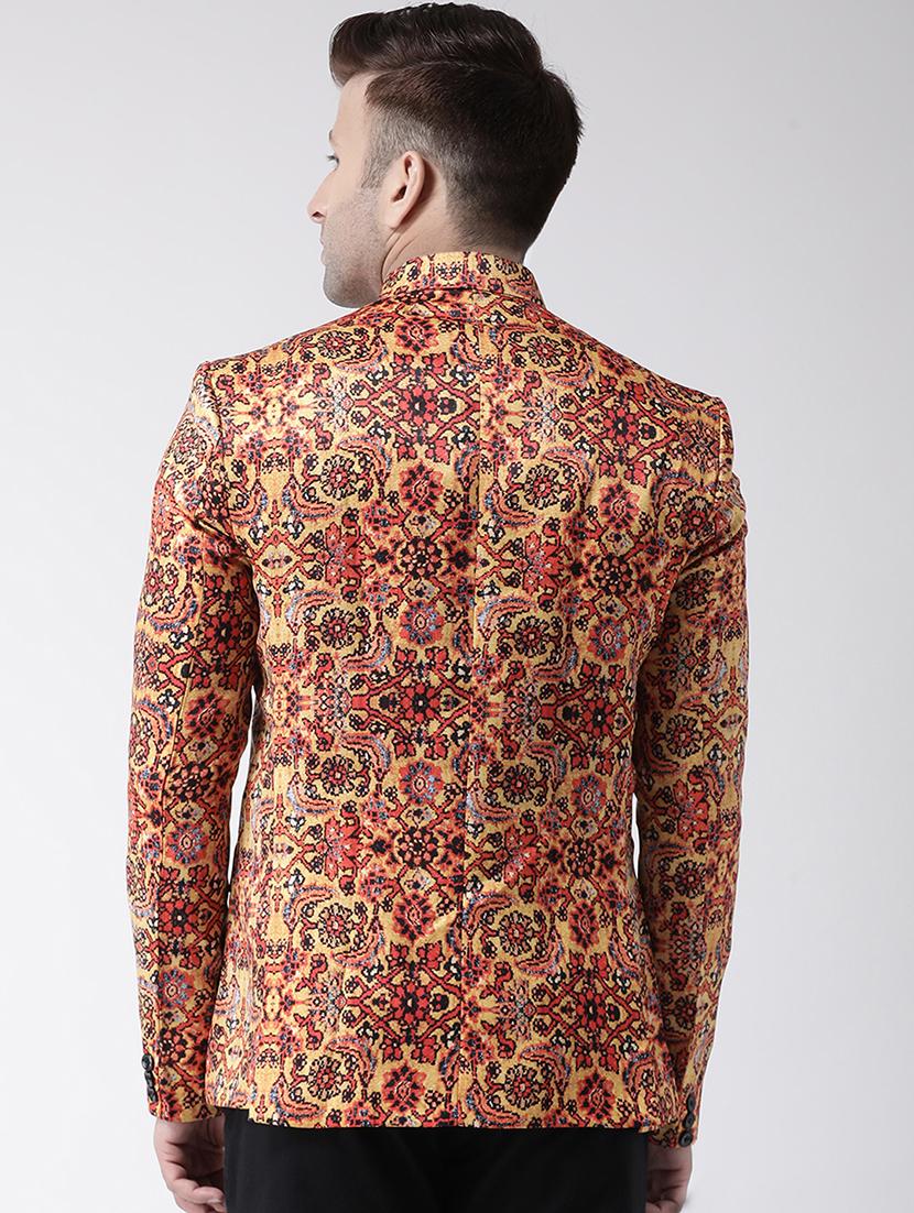 yellow printed bandhgala casual blazer - 17343723 - Zoom Image - 4
