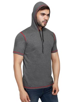 grey solid hooded t-shirt - 17344498 - Standard Image - 2