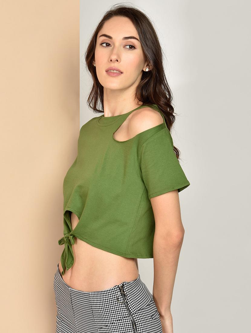 tie front solid crop top - 17349637 - Zoom Image - 2