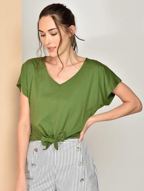 tie front solid crop top - 17349647 - Standard Image - 1