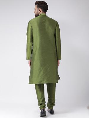 olive green silk blend kurta pyjama set - 17351053 - Standard Image - 3