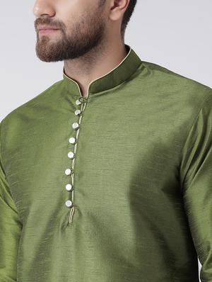 olive green silk blend kurta pyjama set - 17351053 - Standard Image - 4