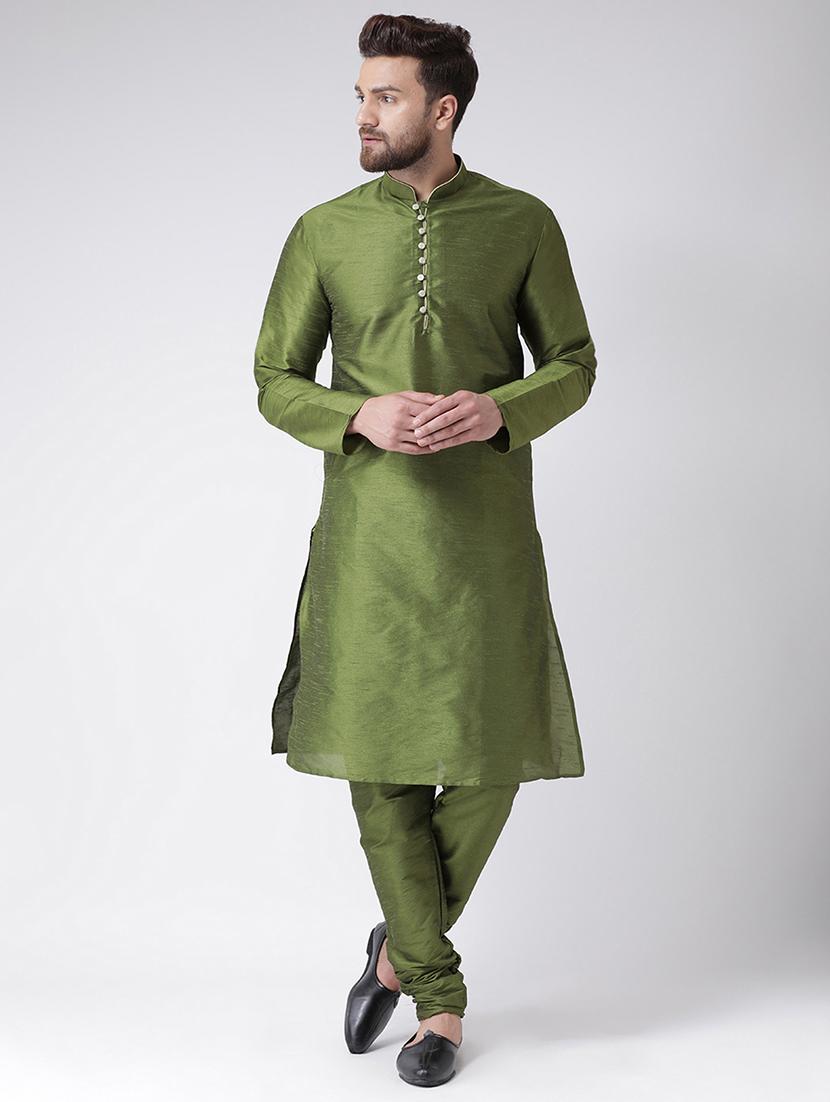 olive green silk blend kurta pyjama set - 17351053 - Zoom Image - 1