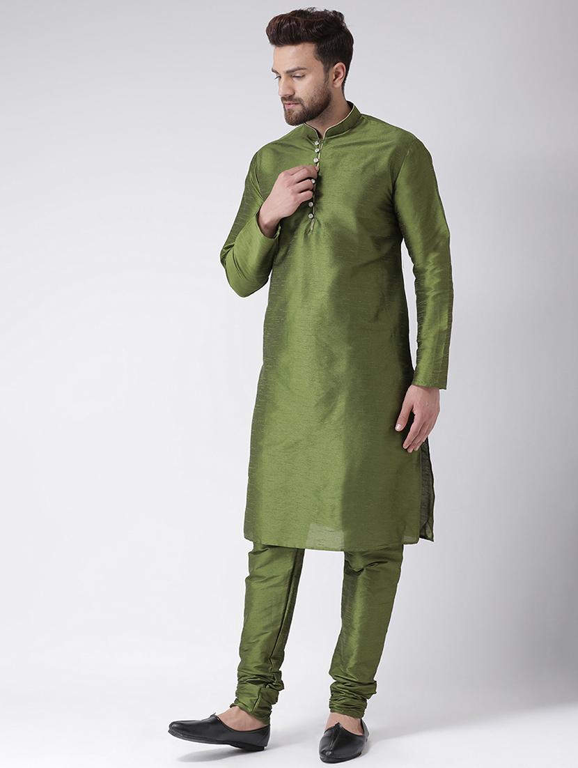 olive green silk blend kurta pyjama set - 17351053 - Zoom Image - 2