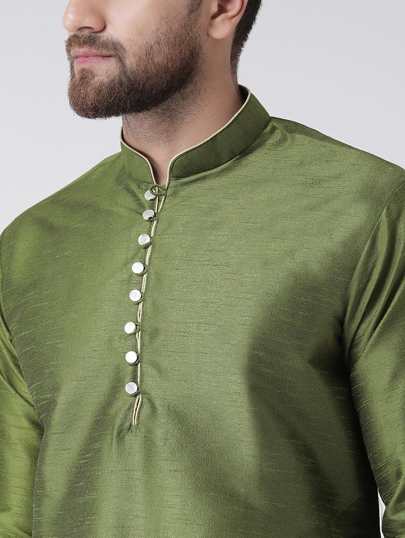 olive green silk blend kurta pyjama set - 17351053 - Zoom Image - 4