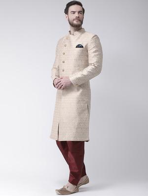 beige jacquard sherwani set - 17351310 - Standard Image - 2