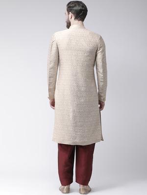 beige jacquard sherwani set - 17351310 - Standard Image - 3
