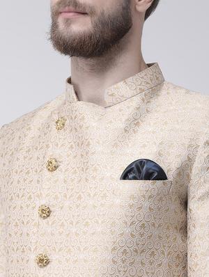 beige jacquard sherwani set - 17351310 - Standard Image - 4