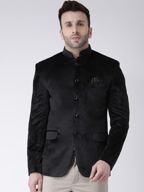 black solid velvet bandhgala casual blazer - 17351446 - Standard Image - 1
