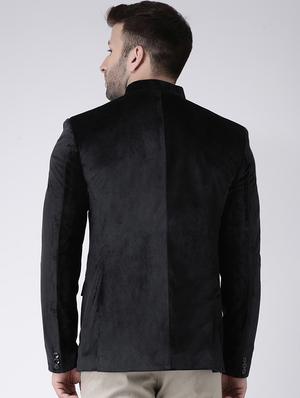 black solid velvet bandhgala casual blazer - 17351446 - Standard Image - 3