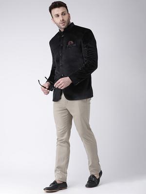 black solid velvet bandhgala casual blazer - 17351446 - Standard Image - 4