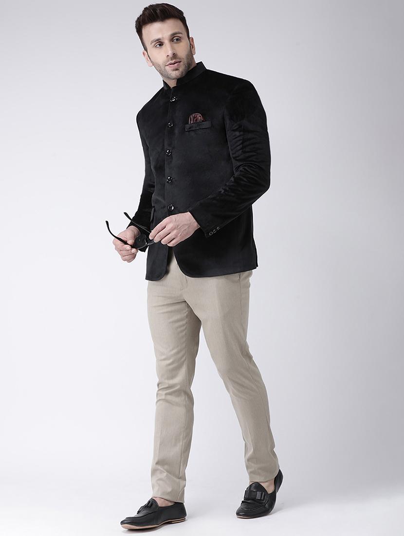 black solid velvet bandhgala casual blazer - 17351446 - Zoom Image - 4