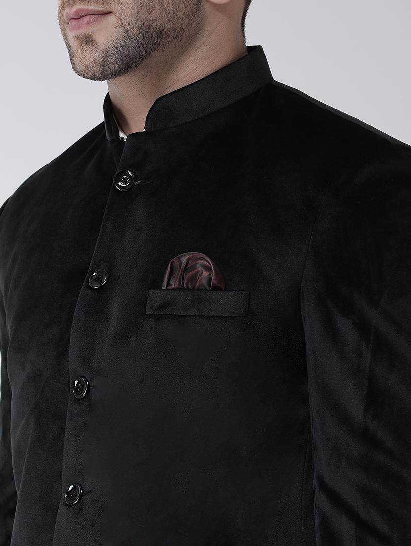 black solid velvet bandhgala casual blazer - 17351446 - Zoom Image - 5