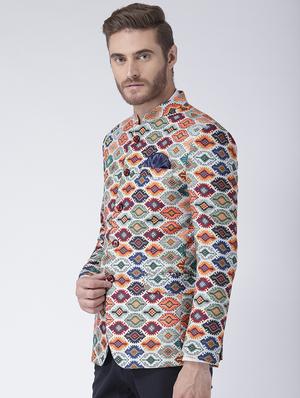multi colored printed bandhgala casual blazer - 17351450 - Standard Image - 2