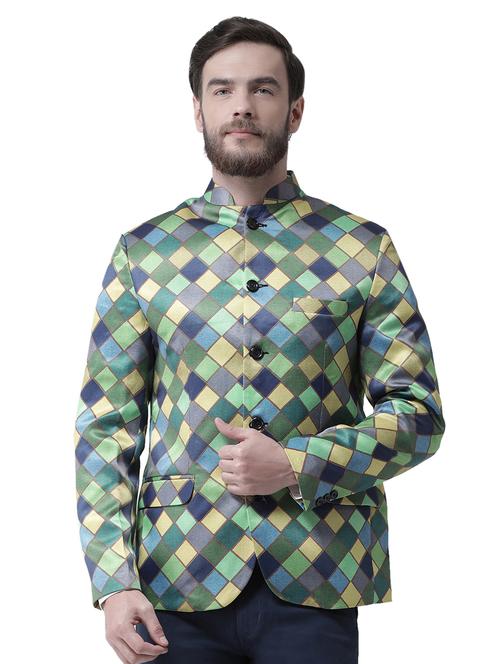 green checkered bandhgala casual blazer - 17351502 - Standard Image - 1