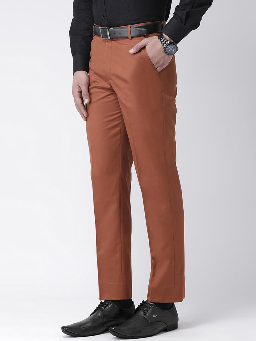 brown solid flat front formal trouser - 17351597 - Zoom Image - 2
