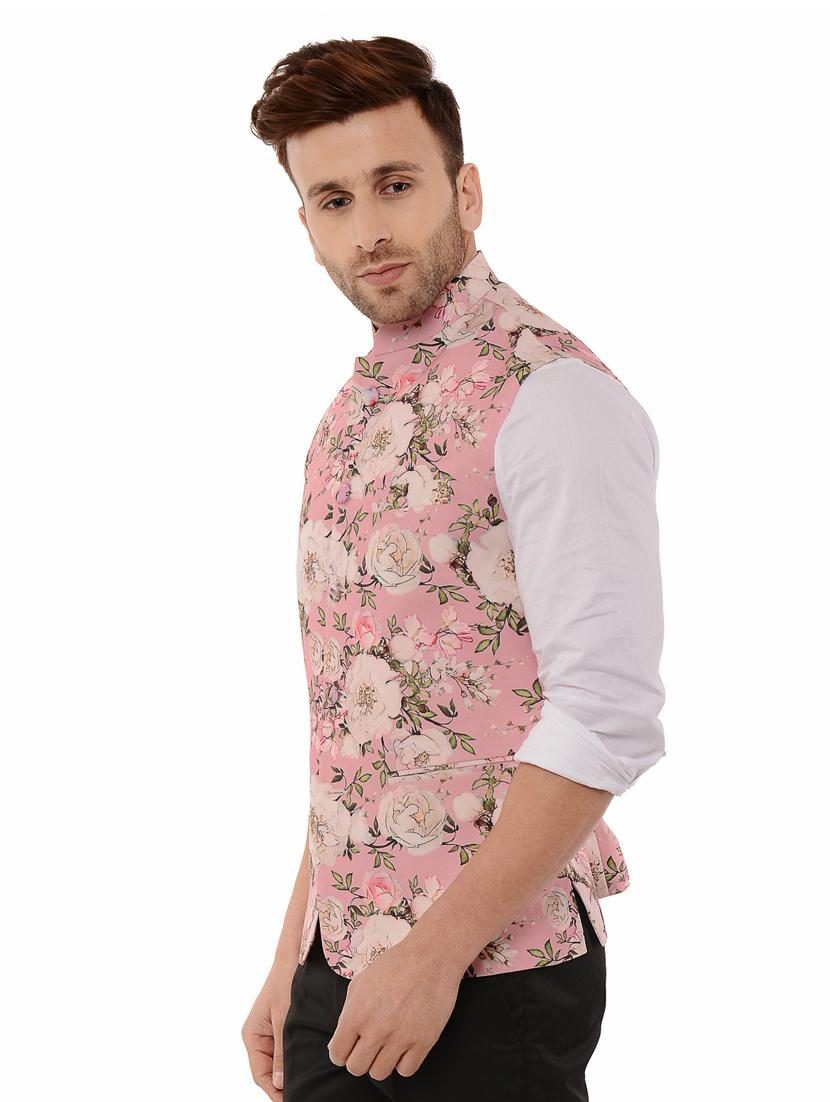 pink floral print nehru jacket - 17351699 - Zoom Image - 2