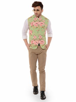 green floral printed nehru jacket - 17351715 - Standard Image - 4