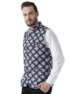 navy blue printed nehru jacket - 17351725 - Standard Image - 2
