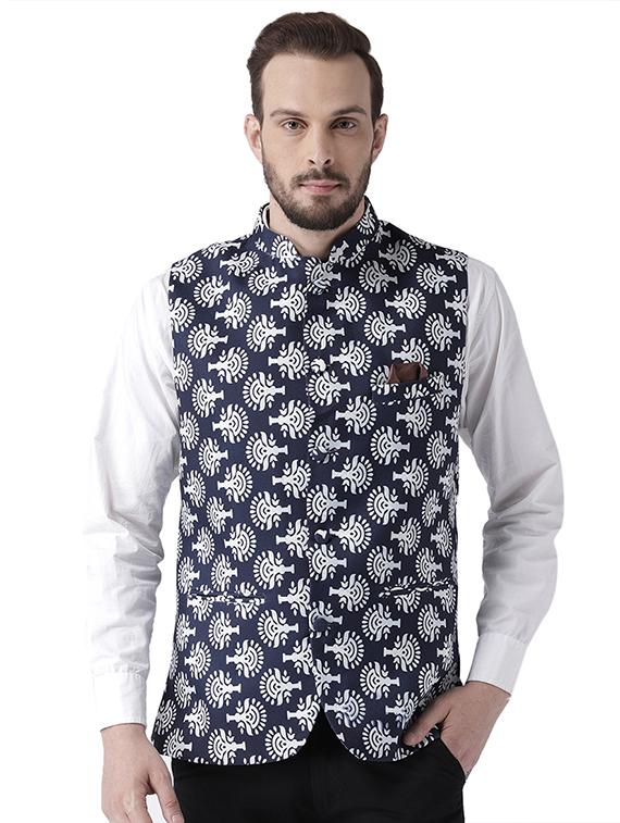 navy blue printed nehru jacket - 17351725 - Zoom Image - 1