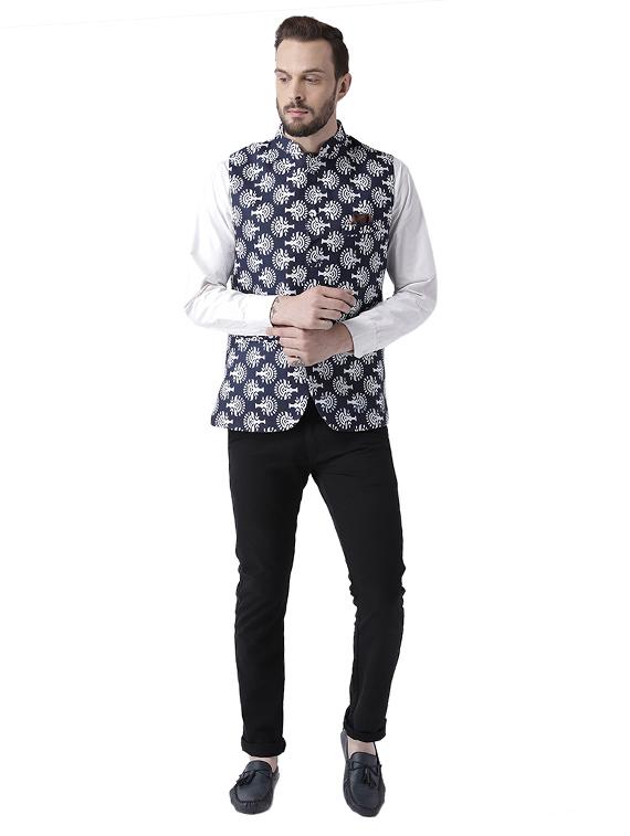 navy blue printed nehru jacket - 17351725 - Zoom Image - 4