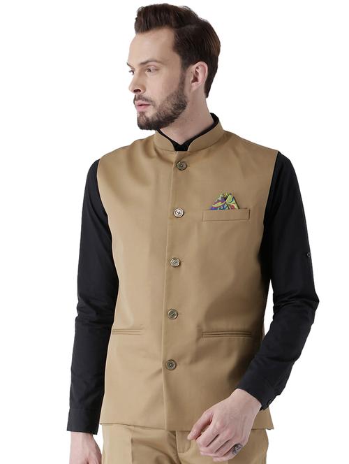 brown solid nehru jacket - 17351808 -  Standard Image - 0