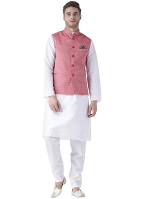 red solid linen nehru jacket - 17351825 - Standard Image - 4