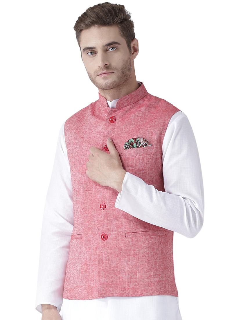 red solid linen nehru jacket - 17351825 - Zoom Image - 2