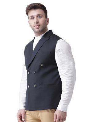 navy blue solid double breast waist coat - 17351844 - Standard Image - 2