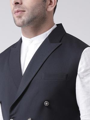 navy blue solid double breast waist coat - 17351844 - Standard Image - 4