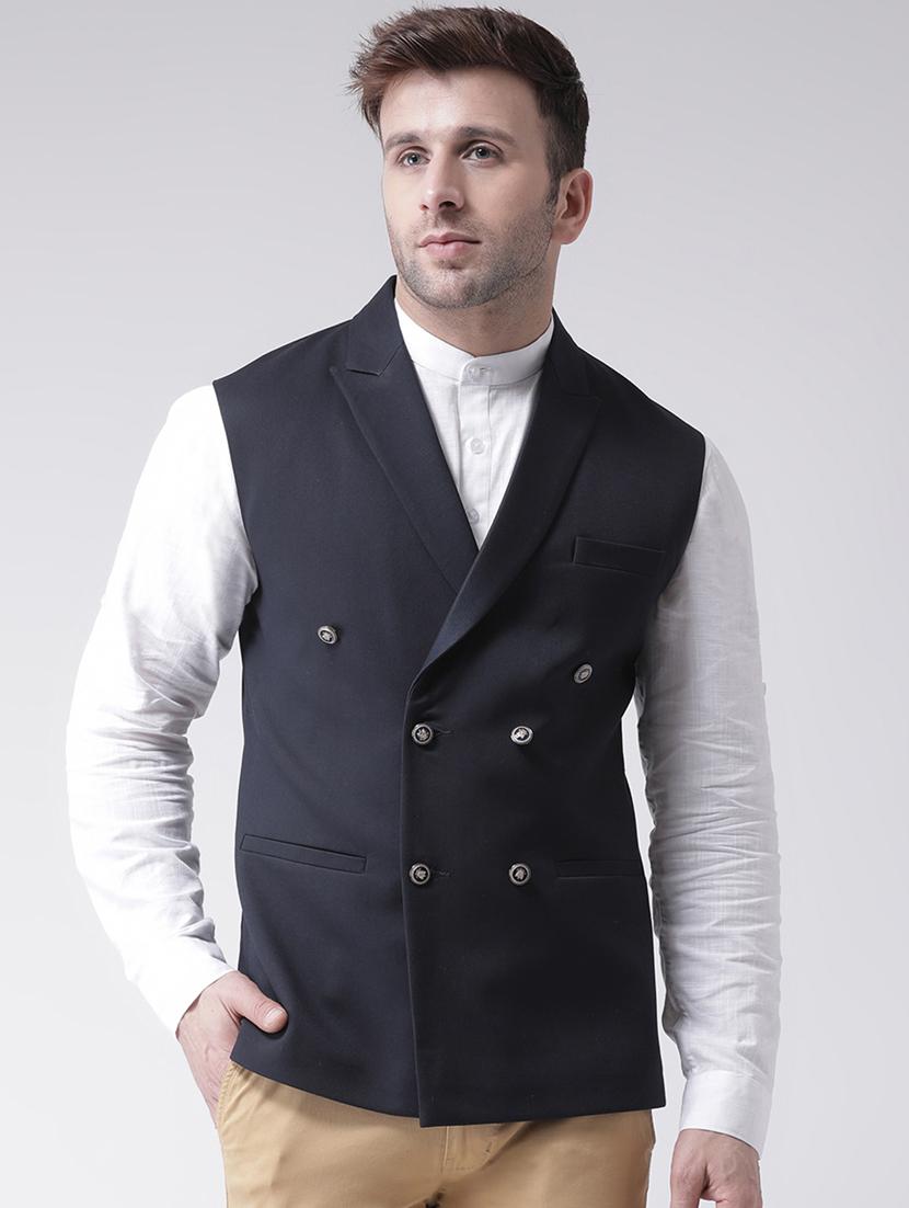 navy blue solid double breast waist coat - 17351844 - Zoom Image - 1