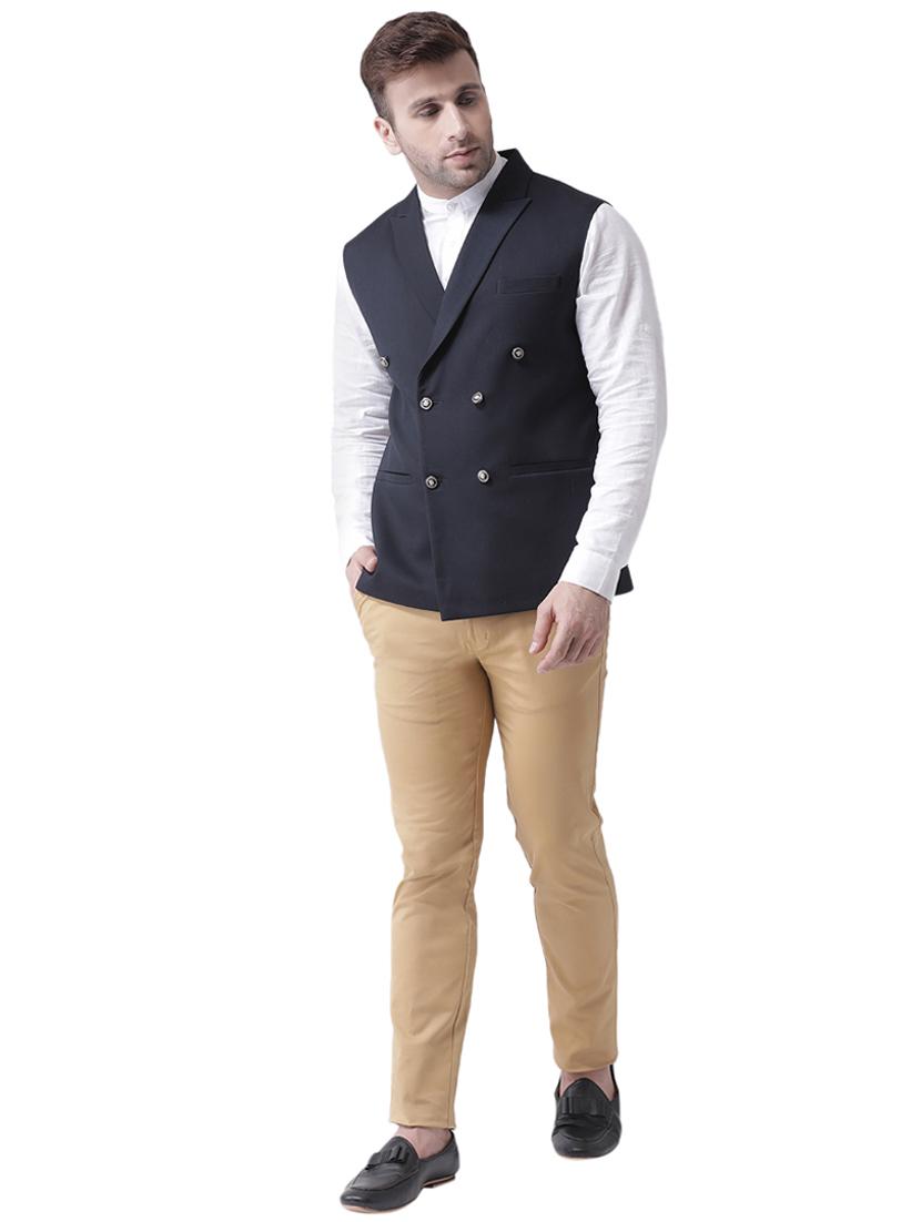 navy blue solid double breast waist coat - 17351844 - Zoom Image - 3